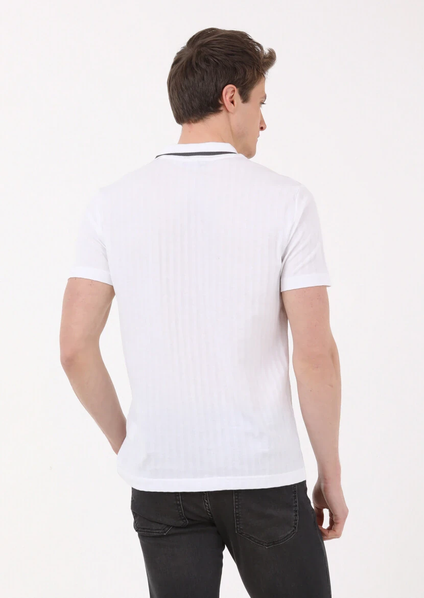 White Jacquard Polo Neck 100% Cotton T-Shirt - 4