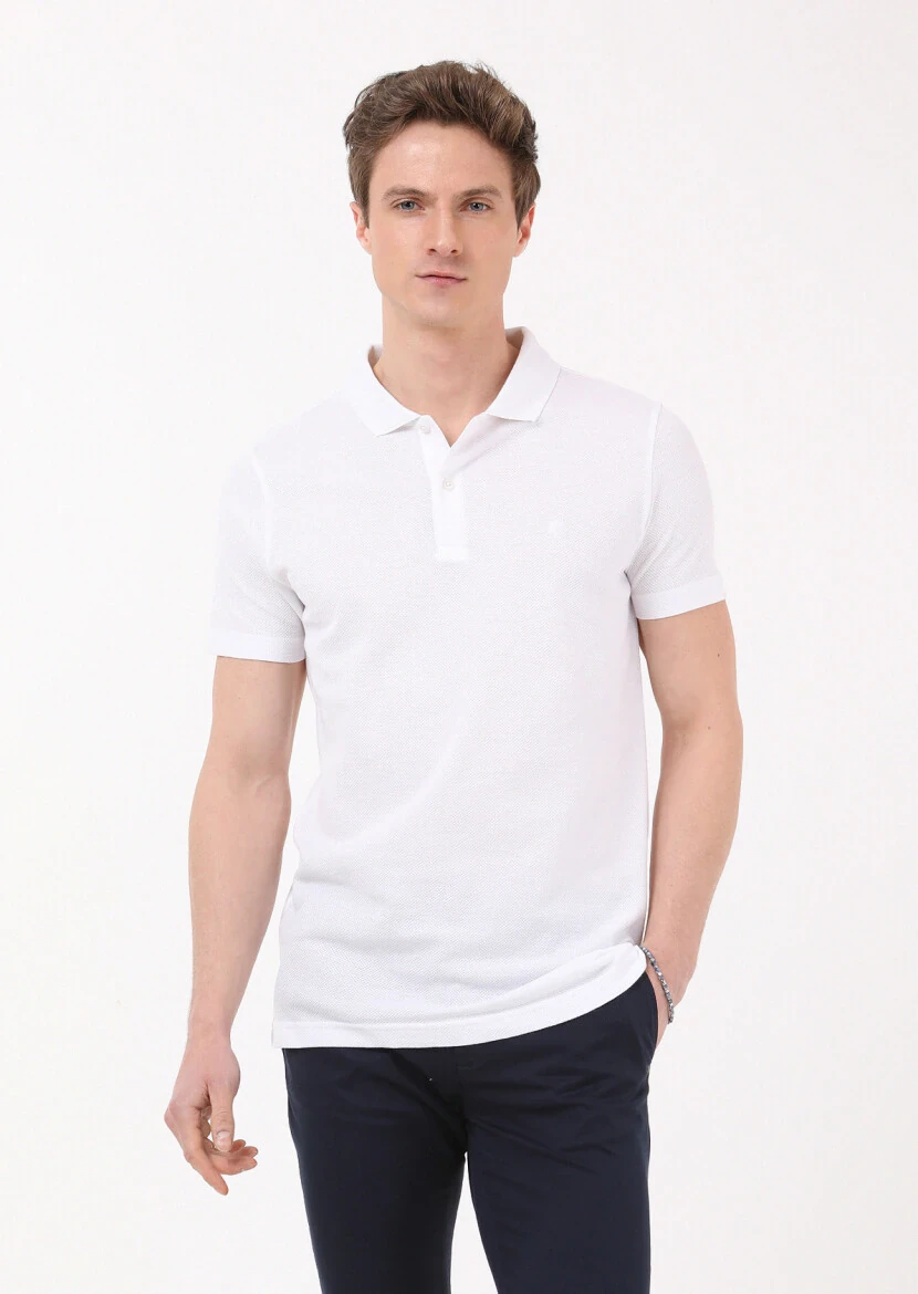White Jacquard Polo Neck 100% Cotton T-Shirt - 1