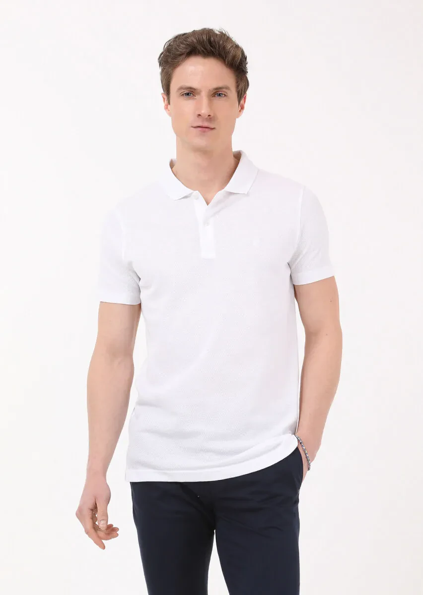 White Jacquard Polo Neck 100% Cotton T-Shirt - 1