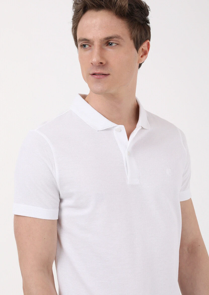 White Jacquard Polo Neck 100% Cotton T-Shirt - 4