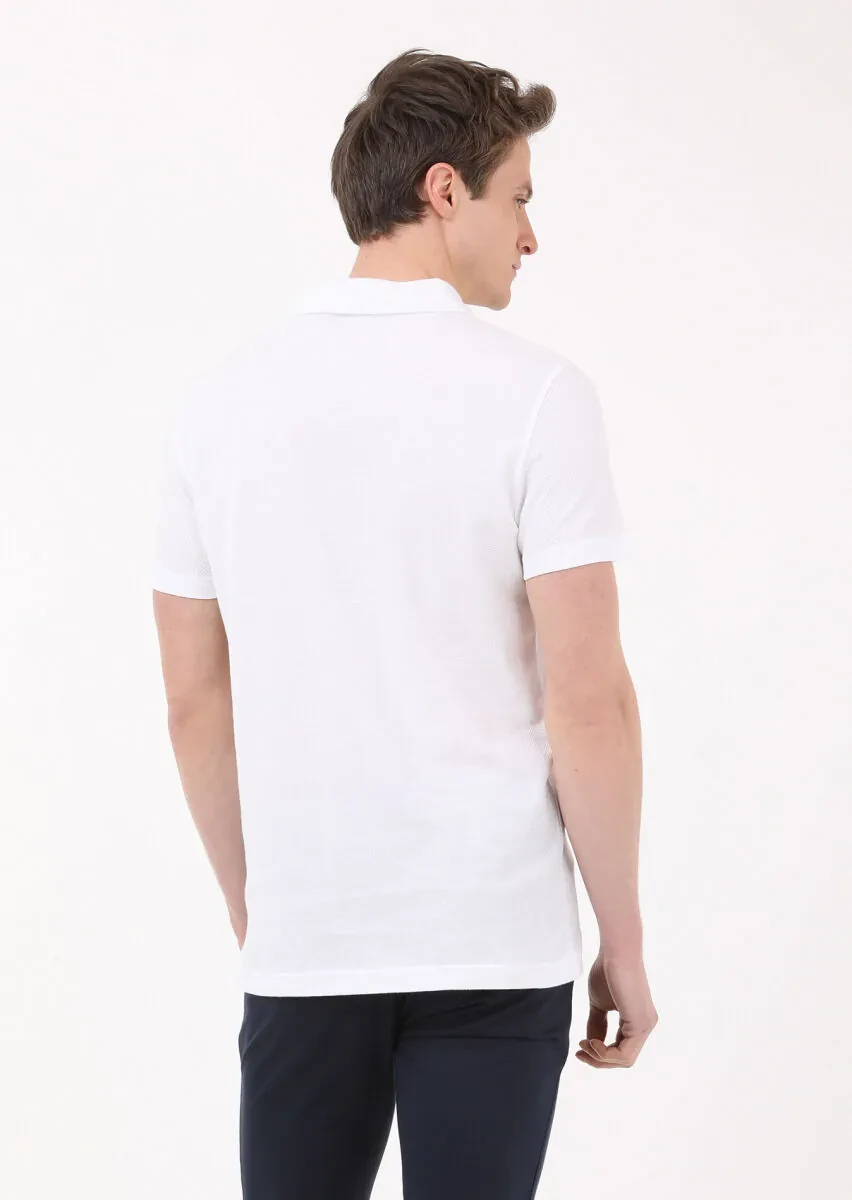 White Jacquard Polo Neck 100% Cotton T-Shirt - 5