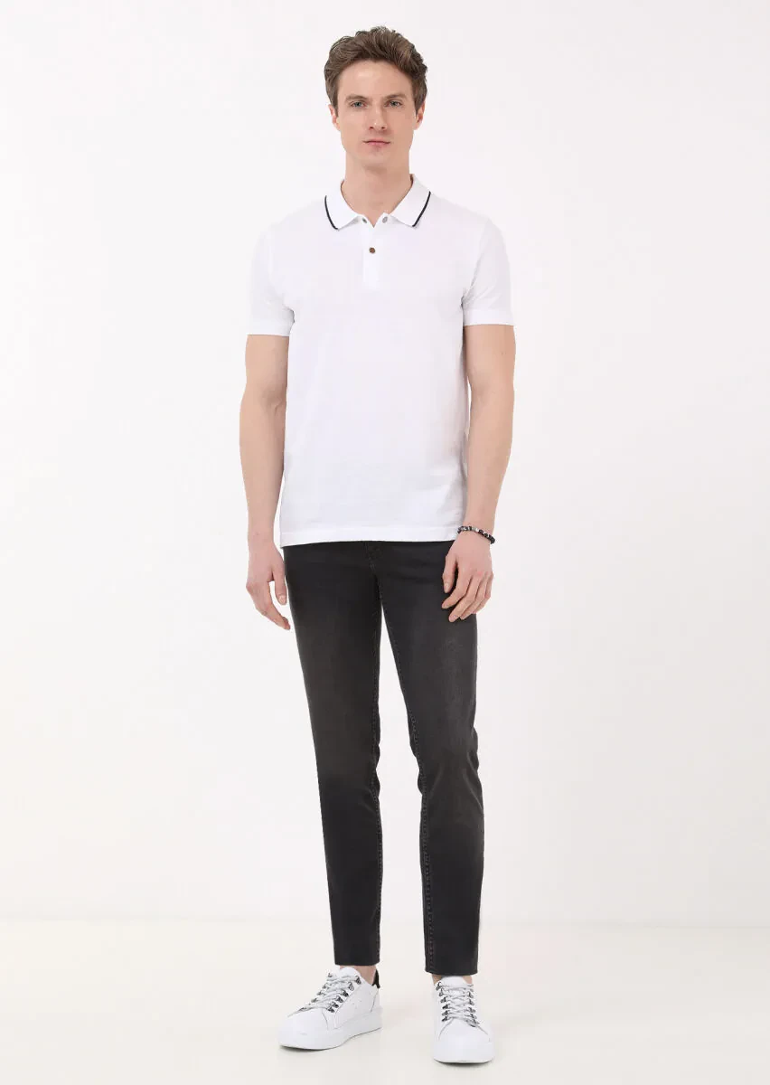 White Jacquard Polo Neck 100% Cotton T-Shirt - 1