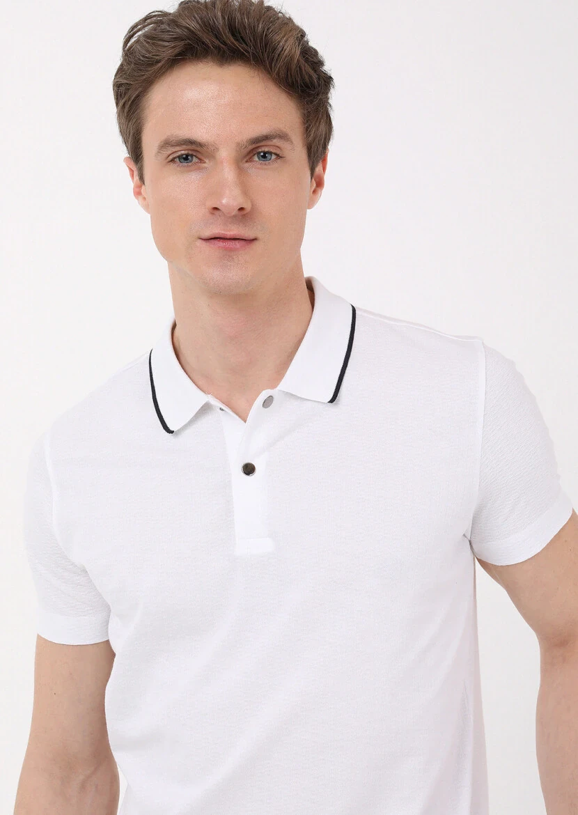 White Jacquard Polo Neck 100% Cotton T-Shirt - 2