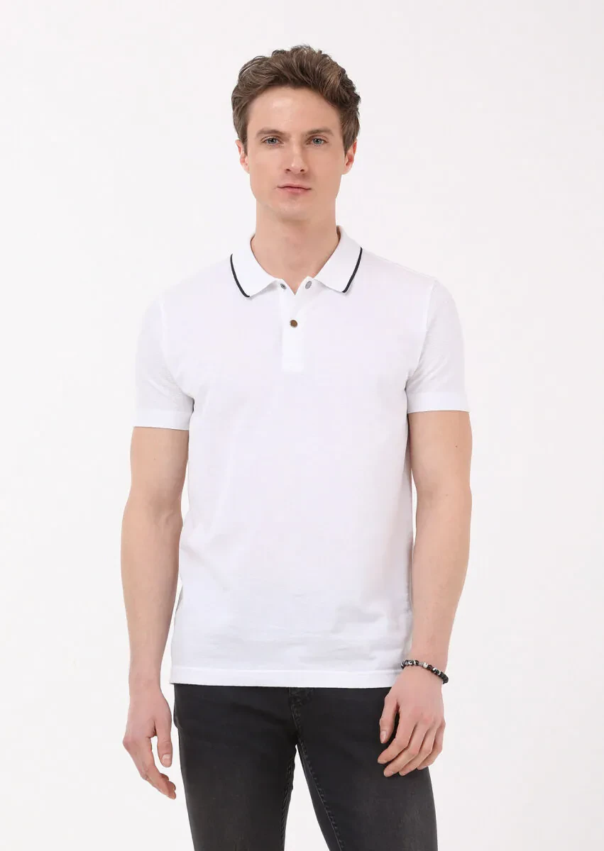 White Jacquard Polo Neck 100% Cotton T-Shirt - 3