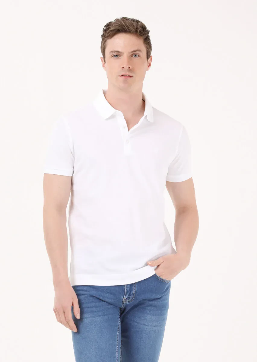 White Jacquard Polo Neck 100% Cotton T-Shirt - 1