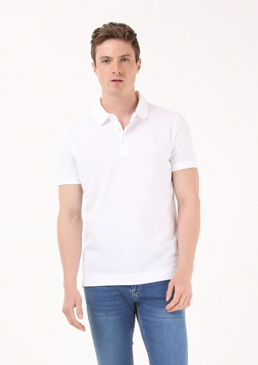 White Jacquard Polo Neck 100% Cotton T-Shirt - 3