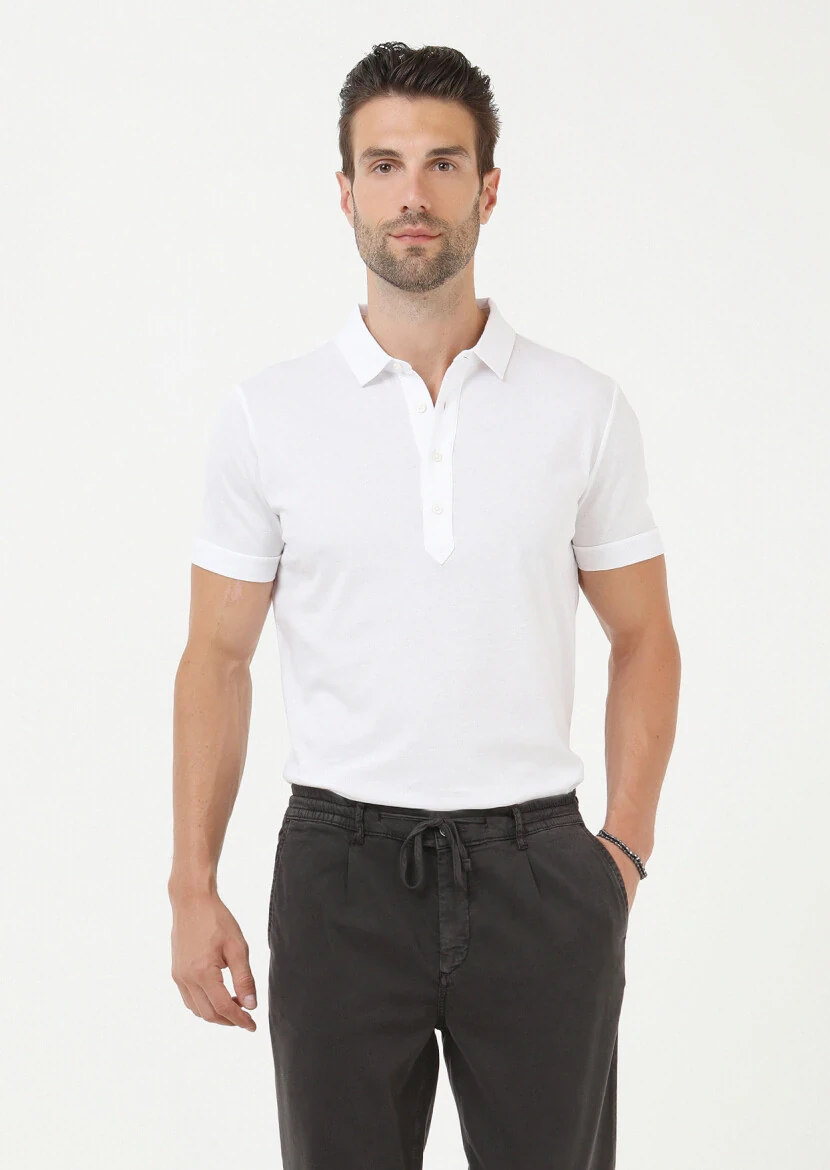 White Jacquard Polo Neck 100% Cotton T-Shirt - 1