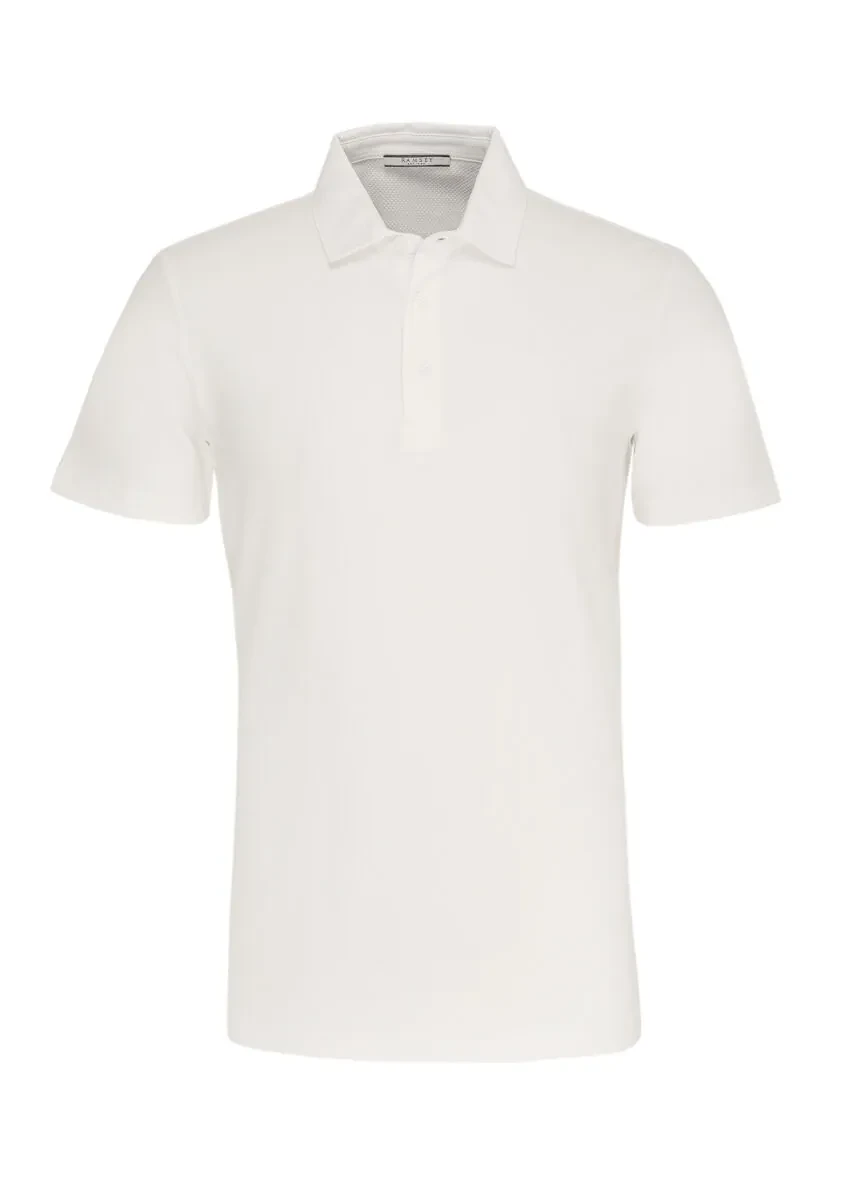 White Jacquard Polo Neck 100% Cotton T-Shirt - 1