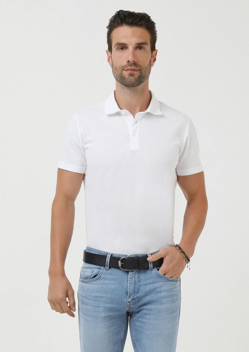 White Jacquard Polo Neck 100% Cotton T-Shirt - 1