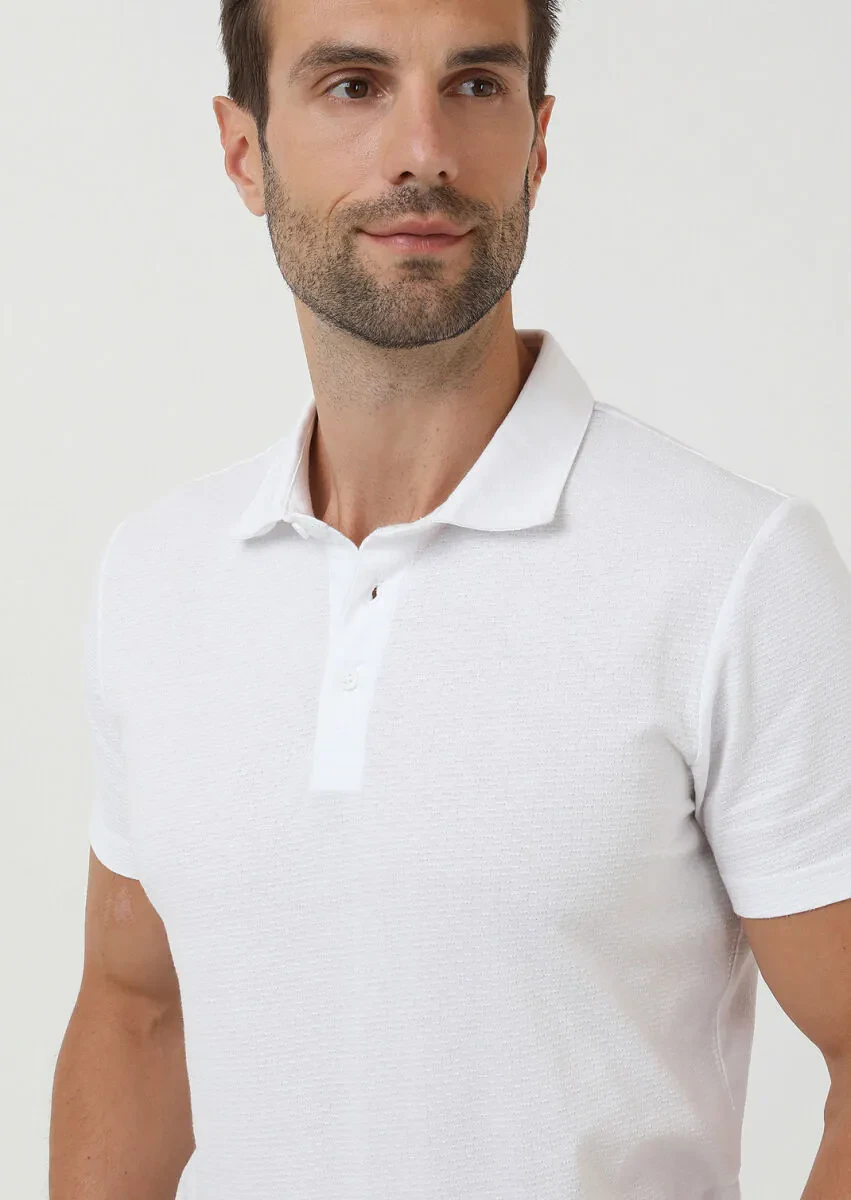 White Jacquard Polo Neck 100% Cotton T-Shirt - 2