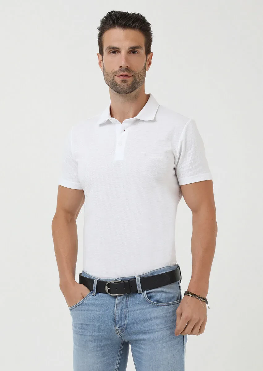 White Jacquard Polo Neck 100% Cotton T-Shirt - 3