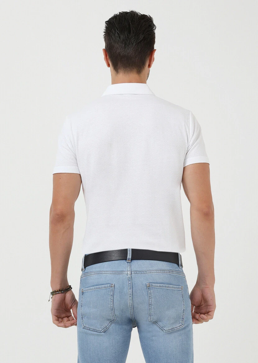 White Jacquard Polo Neck 100% Cotton T-Shirt - 4