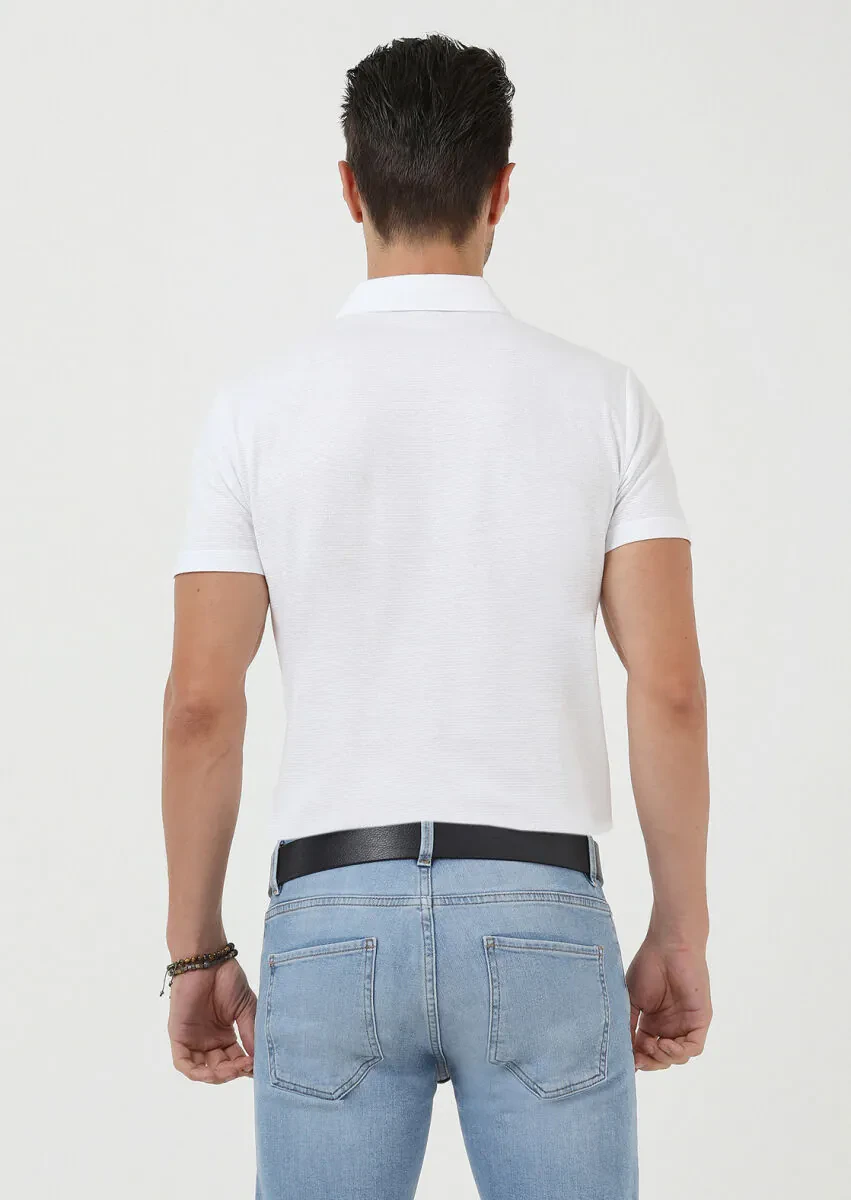 White Jacquard Polo Neck 100% Cotton T-Shirt - 4