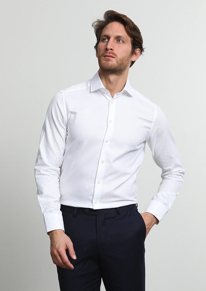 White Micro Regular Fit Weaving Classical 100% Cotton Shirt - 1