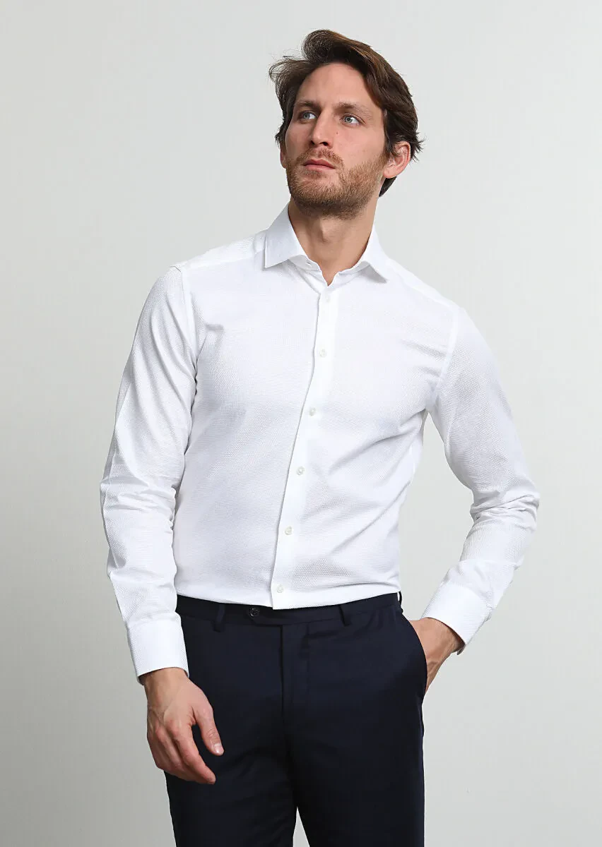 White Micro Regular Fit Weaving Classical 100% Cotton Shirt - 1