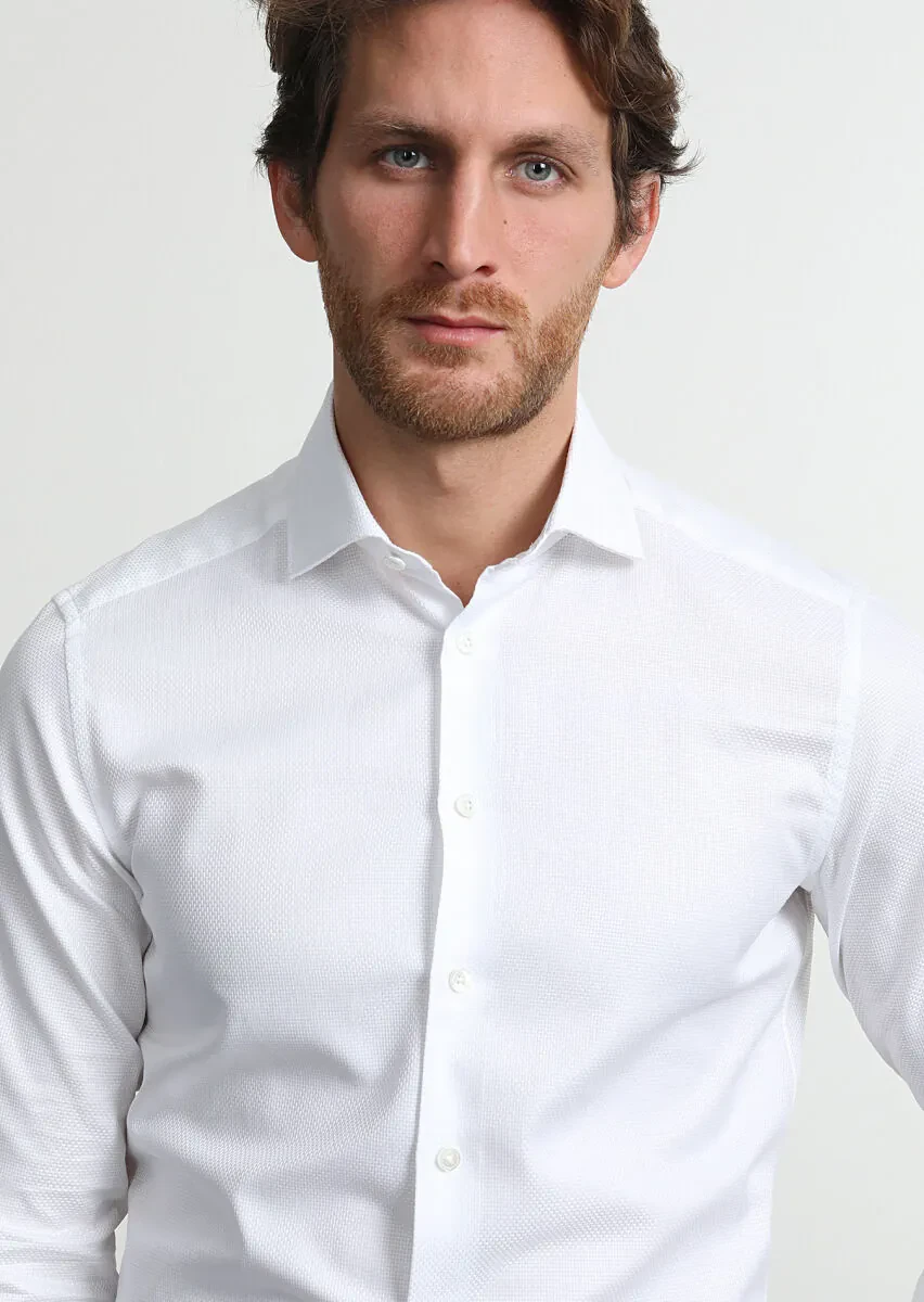 White Micro Regular Fit Weaving Classical 100% Cotton Shirt - 2