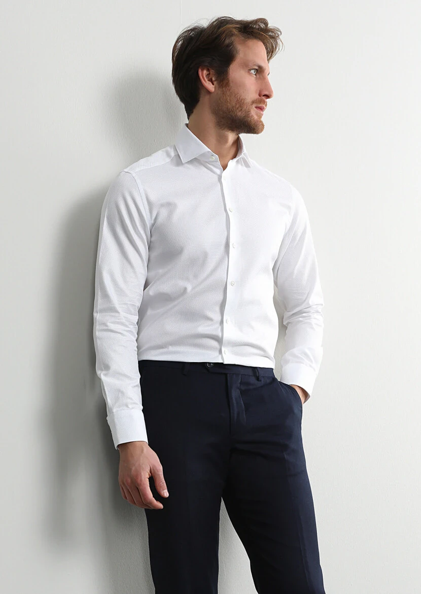 White Micro Regular Fit Weaving Classical 100% Cotton Shirt - 3