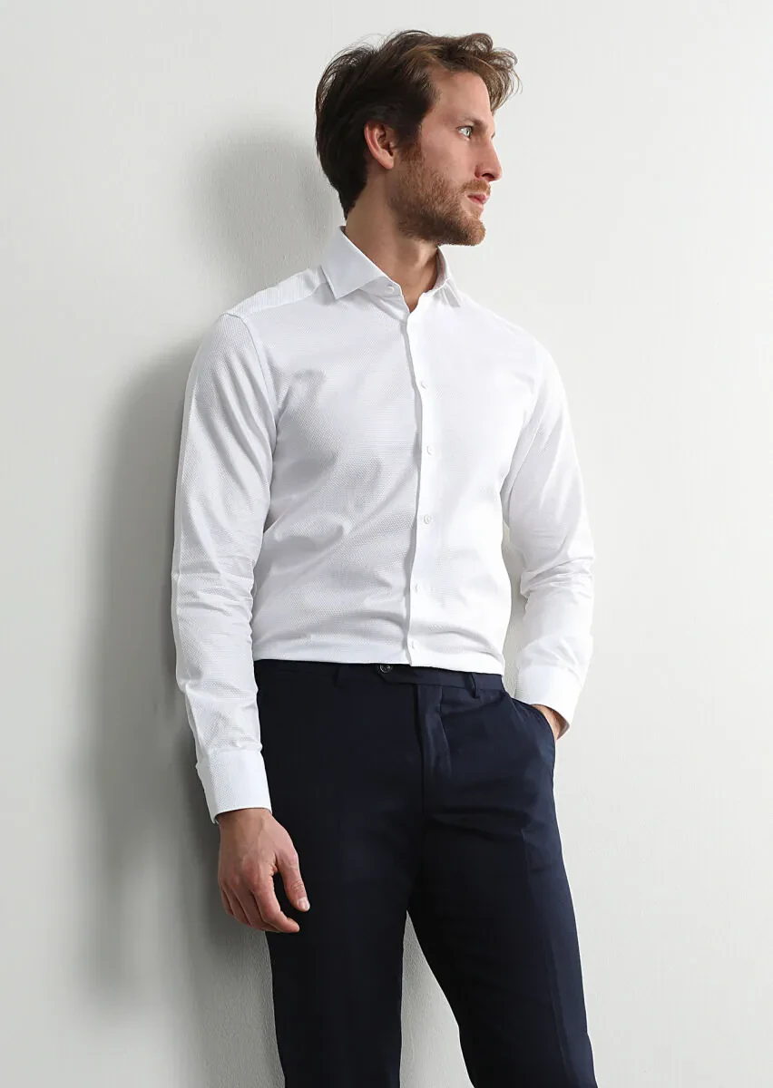 White Micro Regular Fit Weaving Classical 100% Cotton Shirt - 3