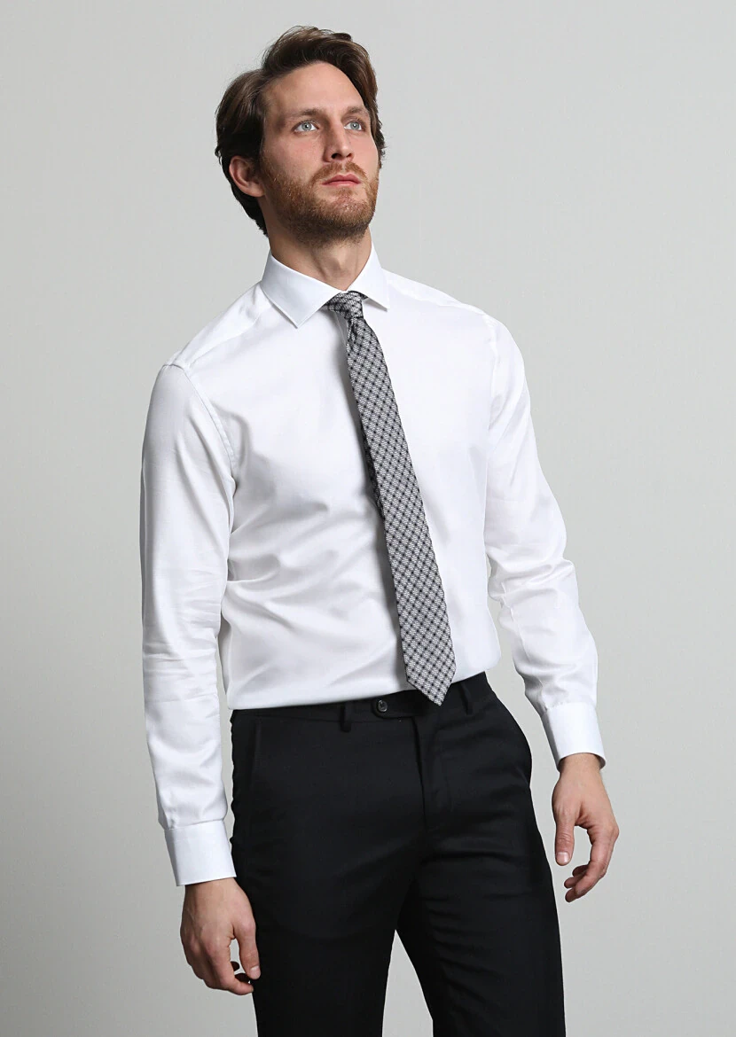 White Micro Regular Fit Weaving Classical 100% Cotton Shirt - 1