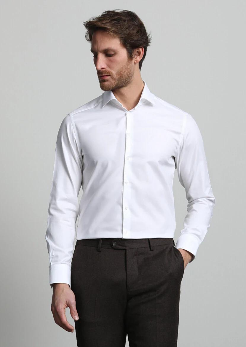 White Micro Slim Fit Weaving Classical 100% Cotton Shirt - 1