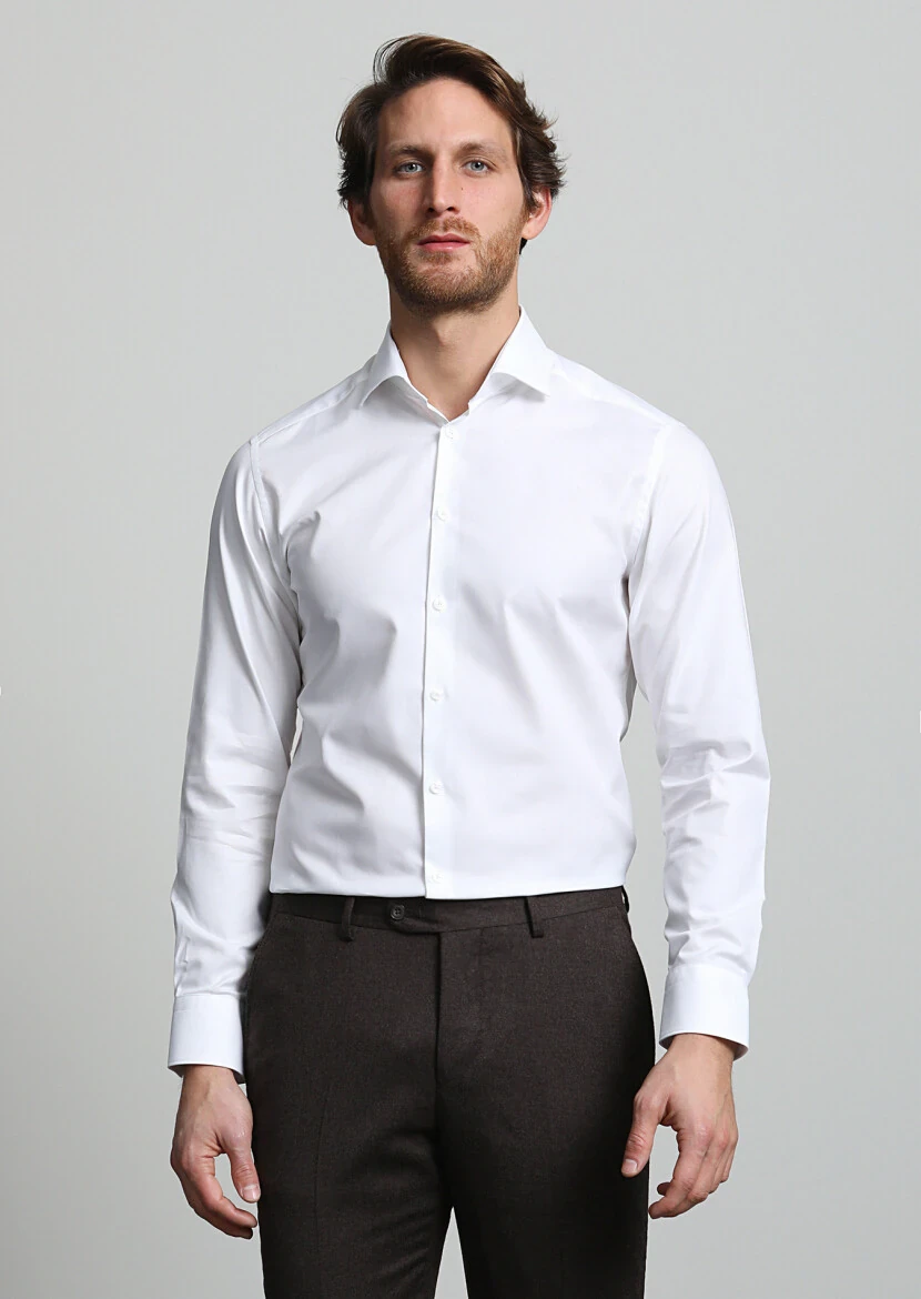 White Micro Slim Fit Weaving Classical 100% Cotton Shirt - 3