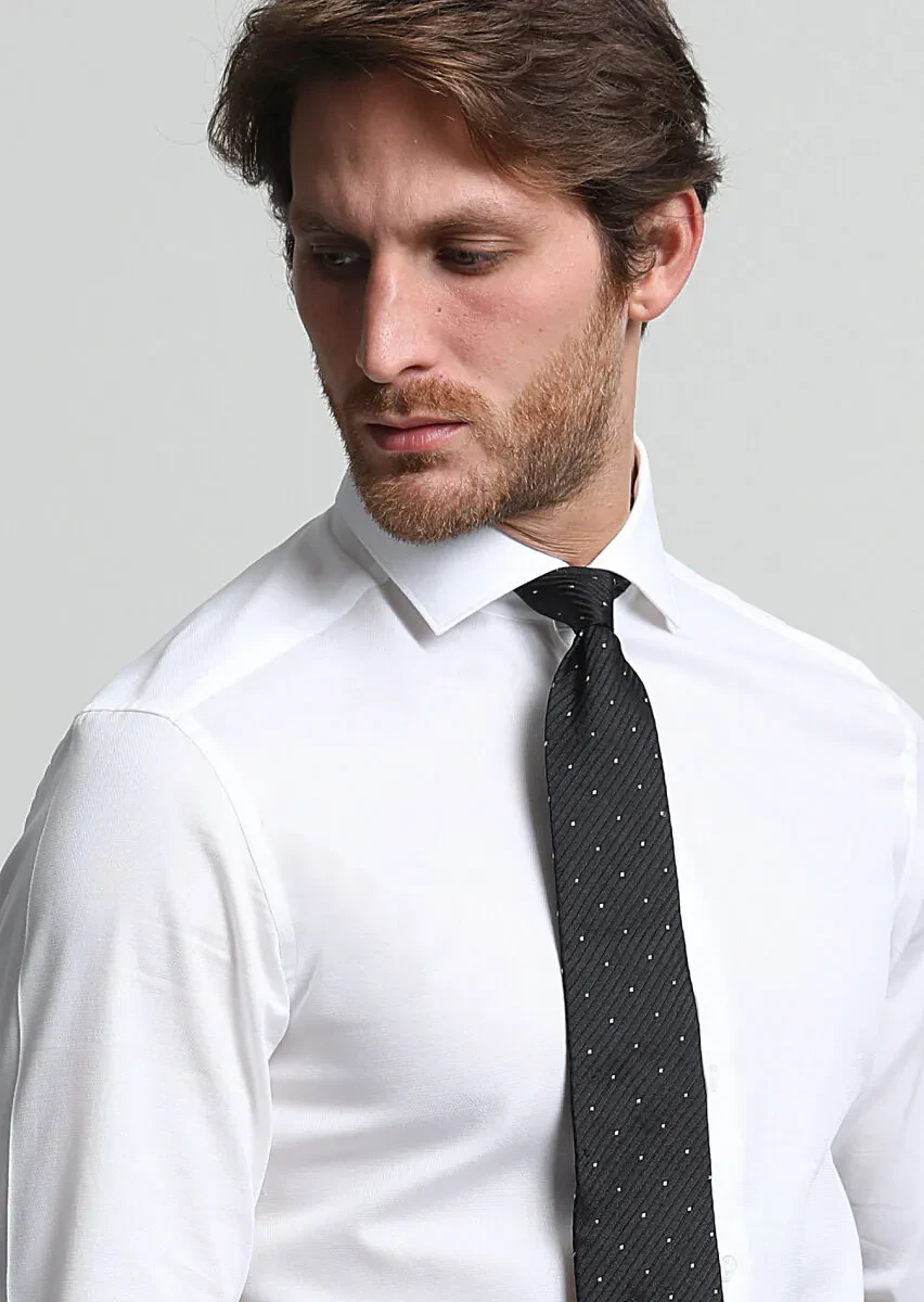 White Micro Slim Fit Weaving Classical Cotton Blended Shirt - 2