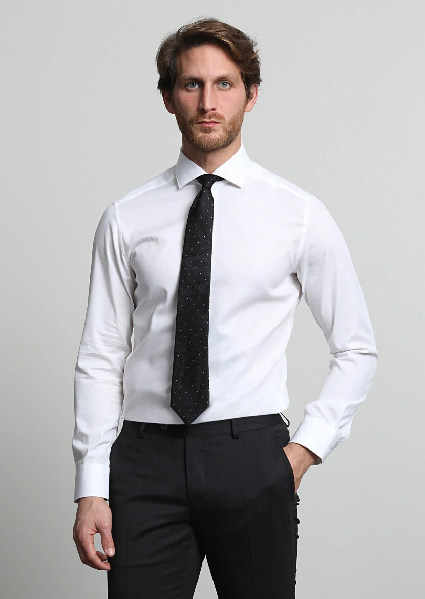 White Micro Slim Fit Weaving Classical Cotton Blended Shirt - 3