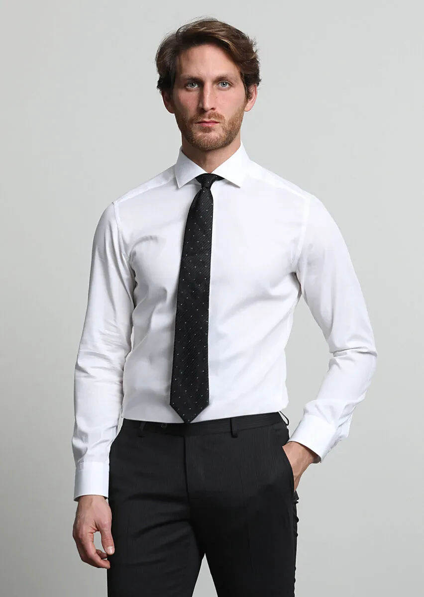 White Micro Slim Fit Weaving Classical Cotton Blended Shirt - 3