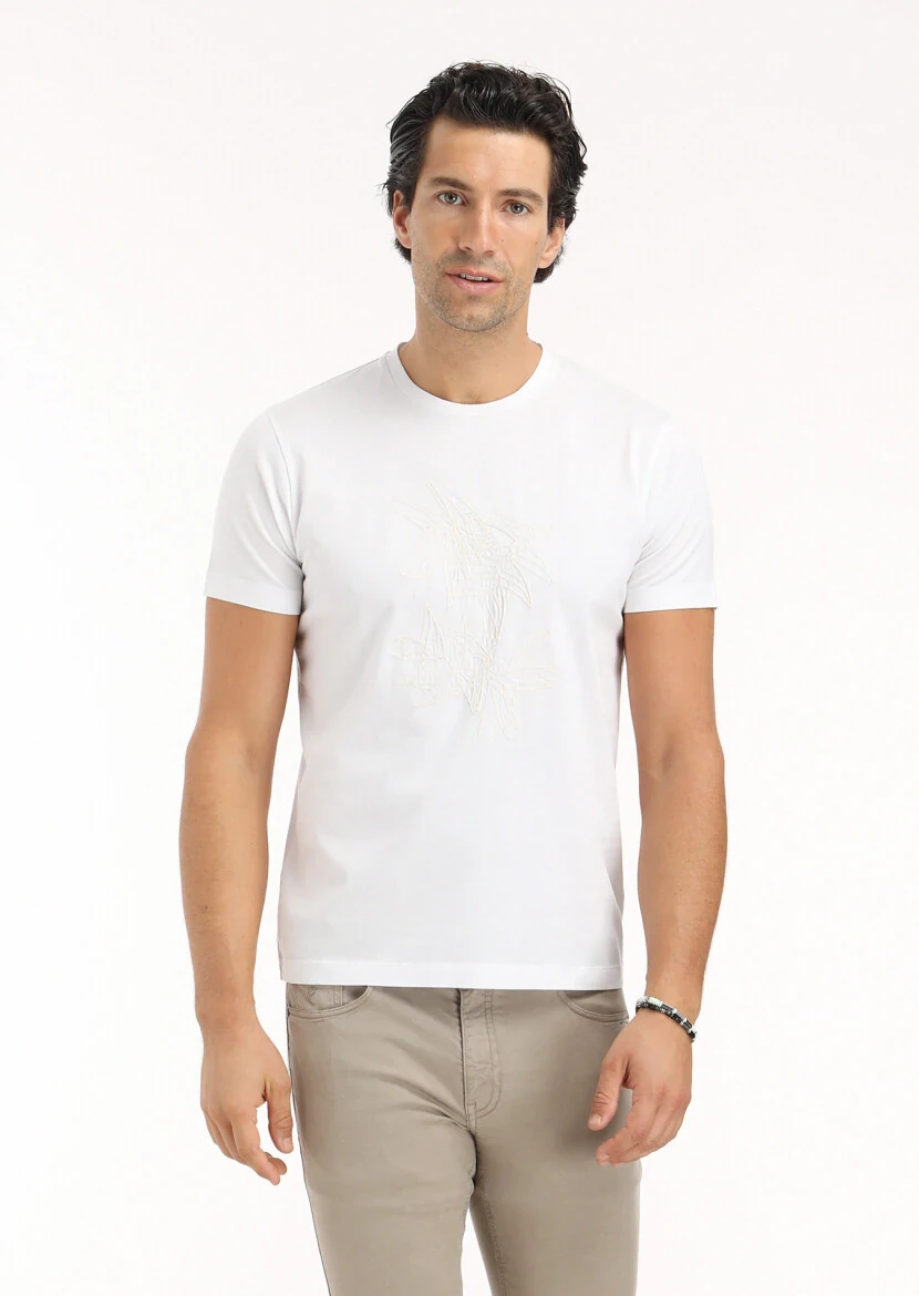 White Patterned Crew Neck 100% Cotton T-Shirt 