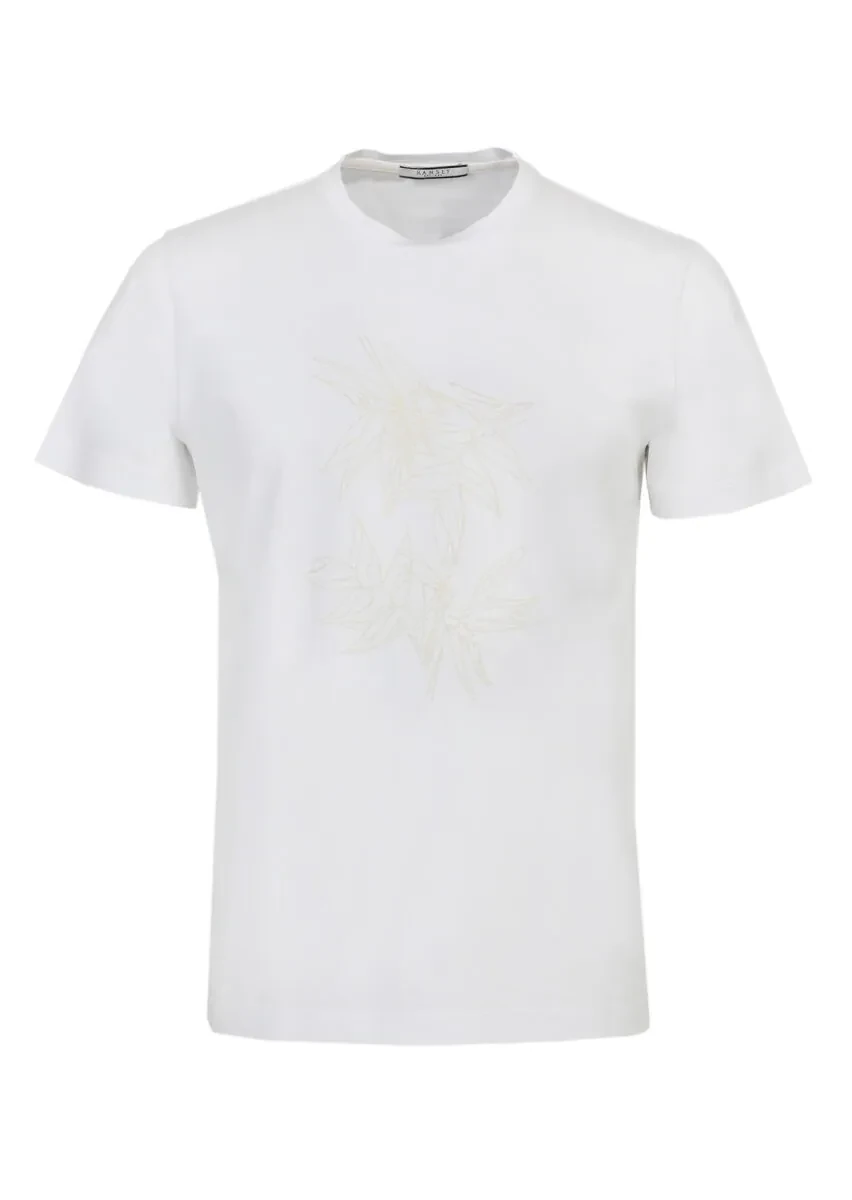 White Patterned Crew Neck 100% Cotton T-Shirt - 6