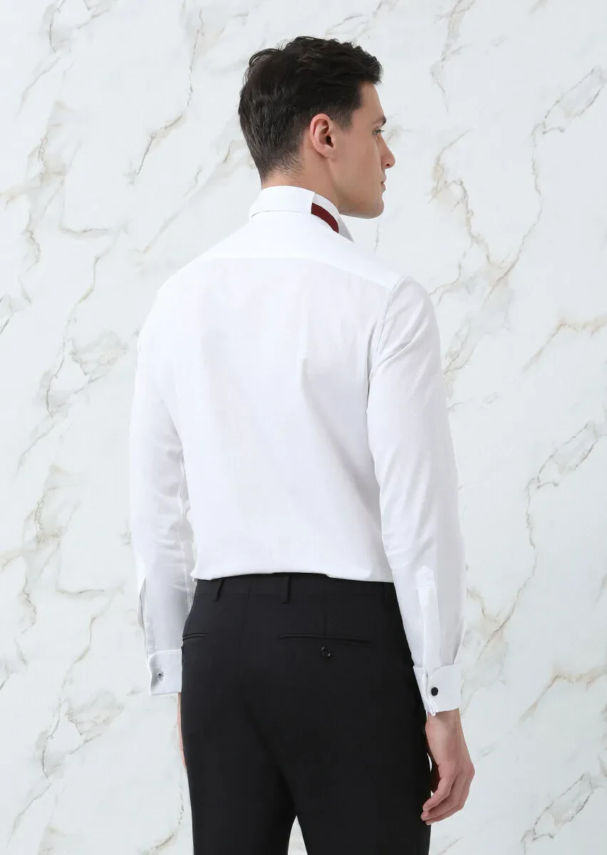 White Patterned Fitted Fit Double Cuff Wing Collar Tuxedo Shirts - 5