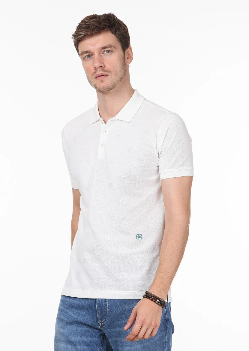 White Patterned Polo Neck 100% Cotton T-Shirt - 1
