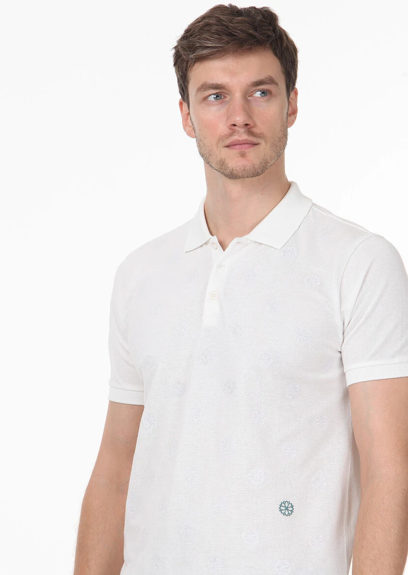 White Patterned Polo Neck 100% Cotton T-Shirt 