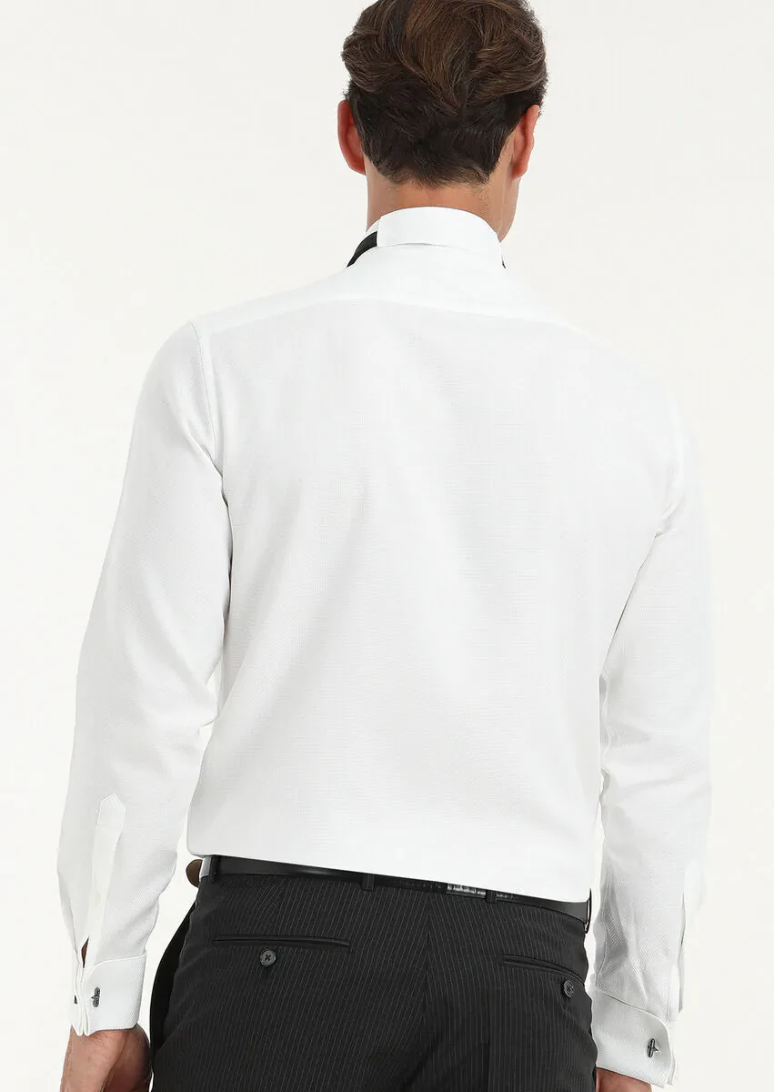 White Patterned Regular Fit Double Cuff Wing Collar Tuxedo Shirts - 4