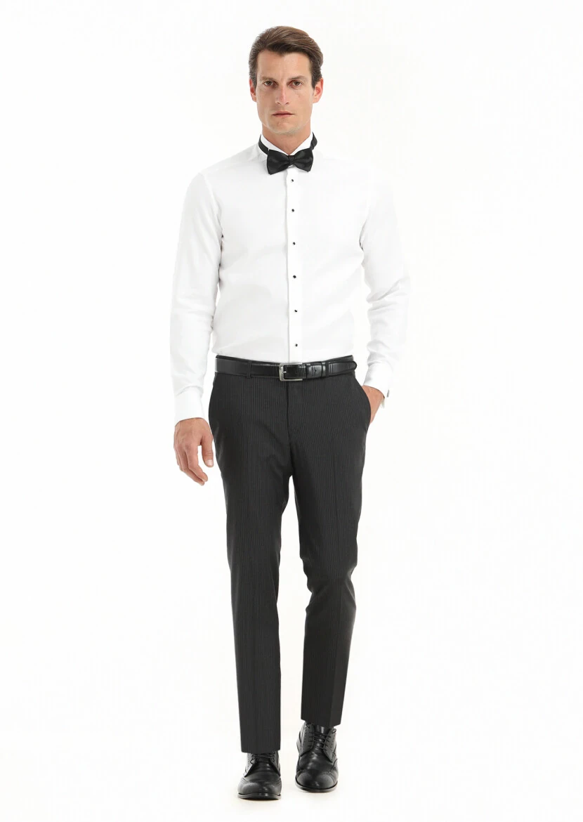 White Patterned Regular Fit Double Cuff Wing Collar Tuxedo Shirts - RAMSEY