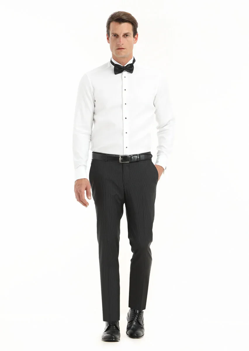 White Patterned Regular Fit Double Cuff Wing Collar Tuxedo Shirts - 1