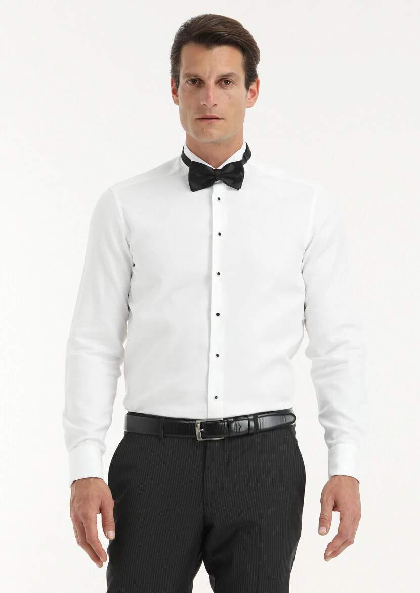 White Patterned Regular Fit Double Cuff Wing Collar Tuxedo Shirts - RAMSEY