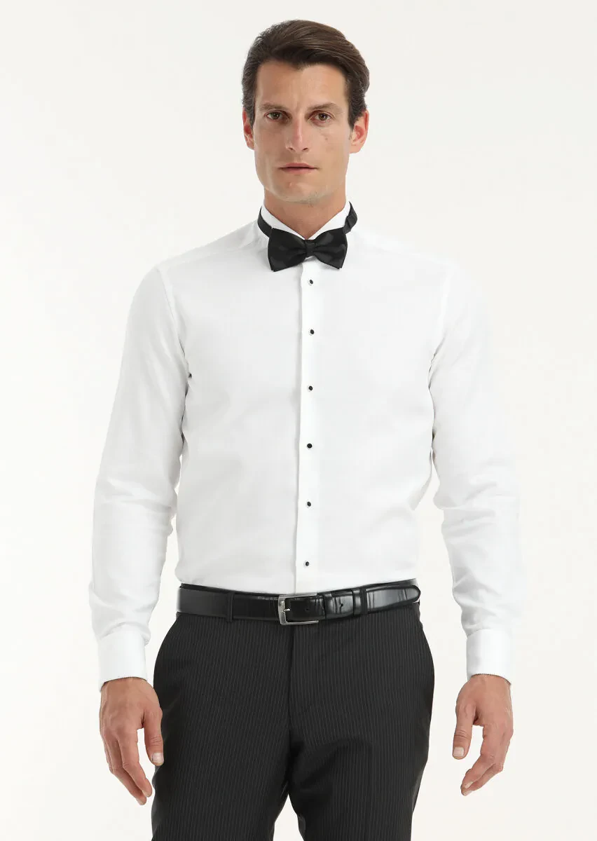 White Patterned Regular Fit Double Cuff Wing Collar Tuxedo Shirts - 2