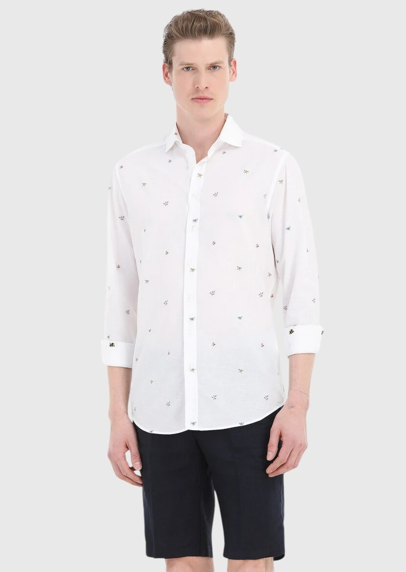 White Patterned Regular Fit Weaving Casual Cotton Blended Shirt - 2