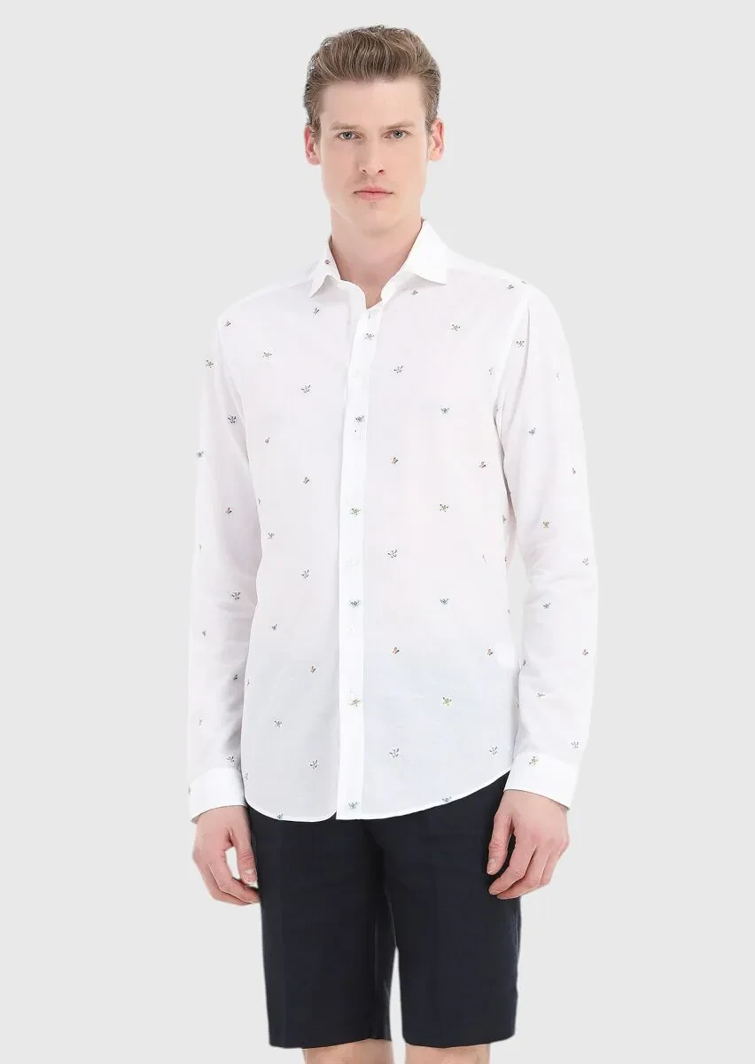 White Patterned Regular Fit Weaving Casual Cotton Blended Shirt - 3