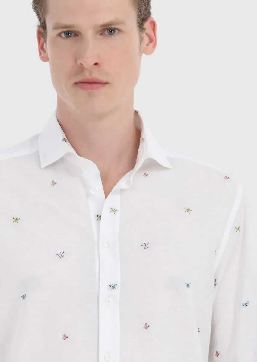 White Patterned Regular Fit Weaving Casual Cotton Blended Shirt - 4