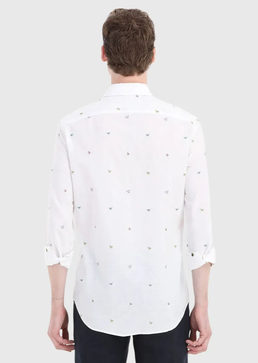 White Patterned Regular Fit Weaving Casual Cotton Blended Shirt - 5