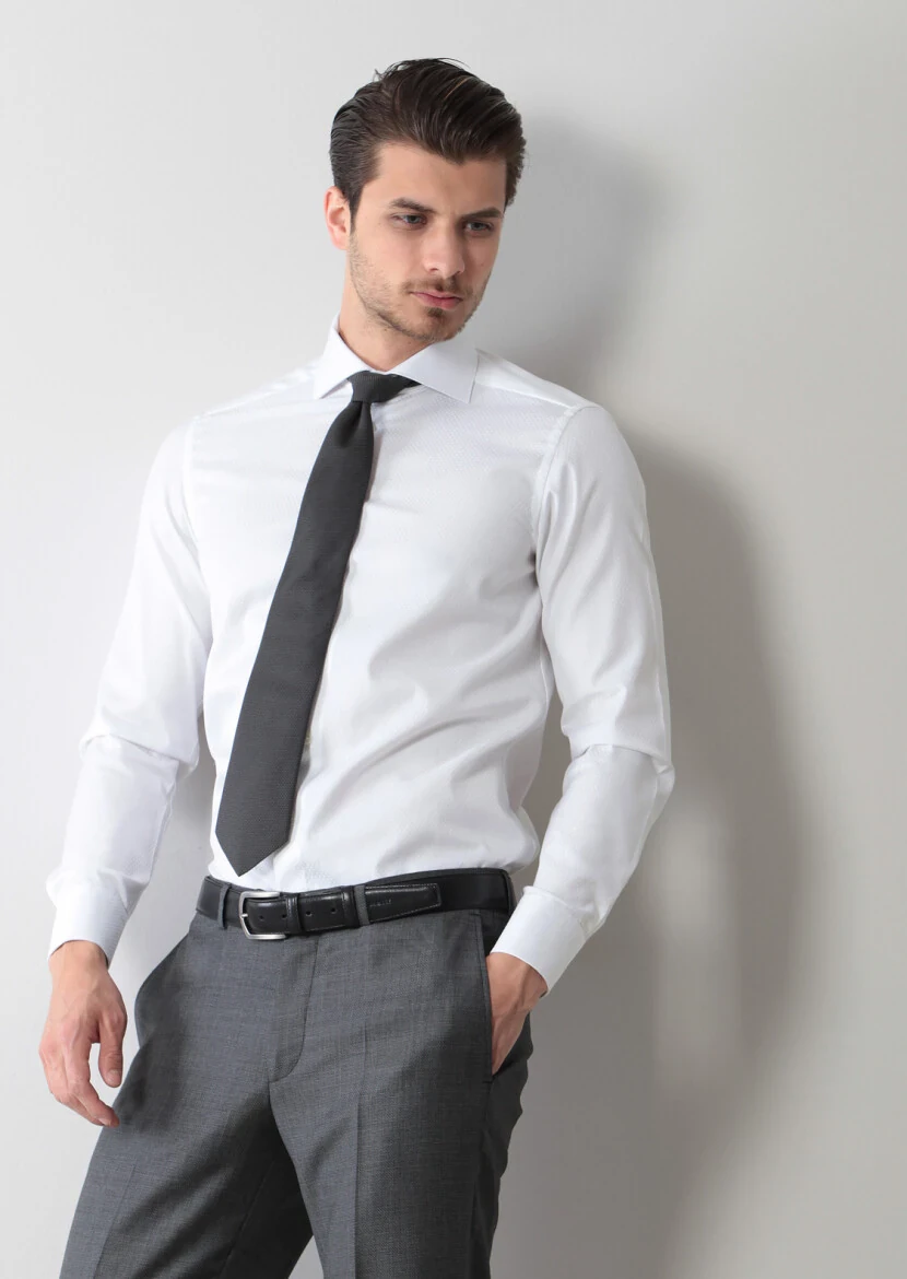 White Patterned Regular Fit Weaving Classical 100% Cotton Shirt - 1