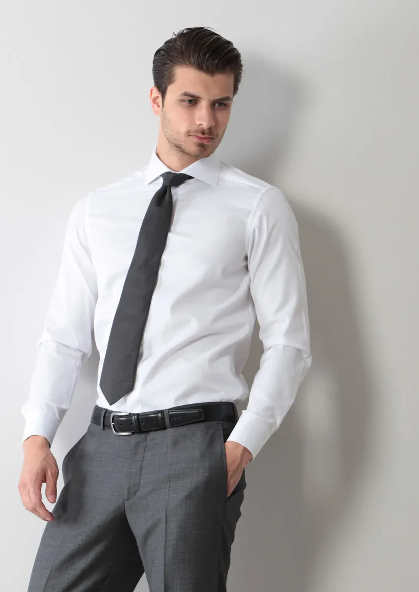 White Patterned Regular Fit Weaving Classical 100% Cotton Shirt - 1