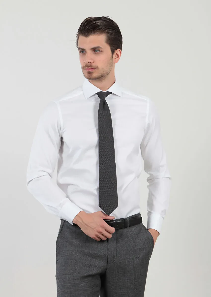 White Patterned Regular Fit Weaving Classical 100% Cotton Shirt - 4