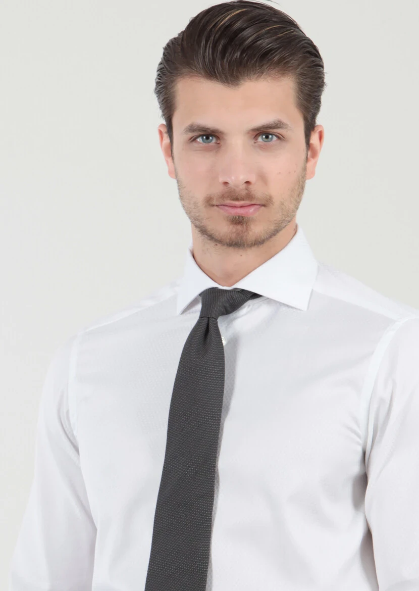 White Patterned Regular Fit Weaving Classical 100% Cotton Shirt - 5