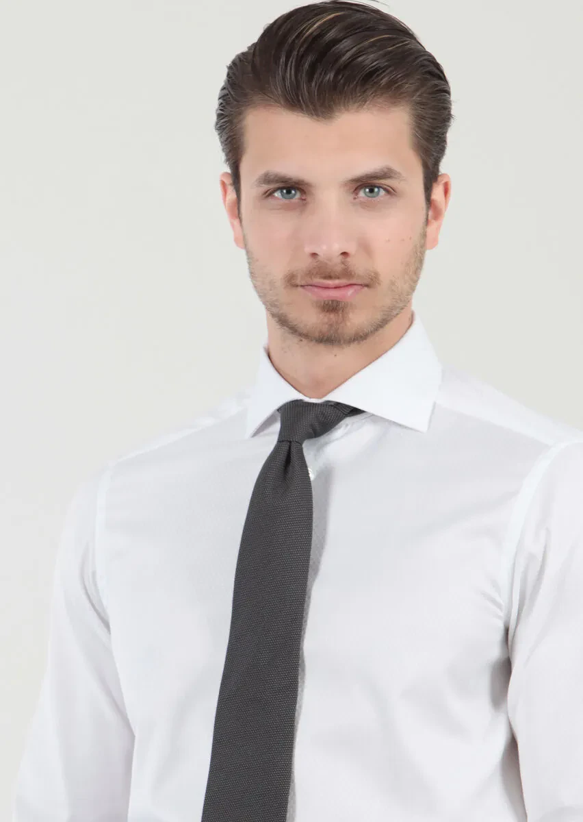 White Patterned Regular Fit Weaving Classical 100% Cotton Shirt - 5