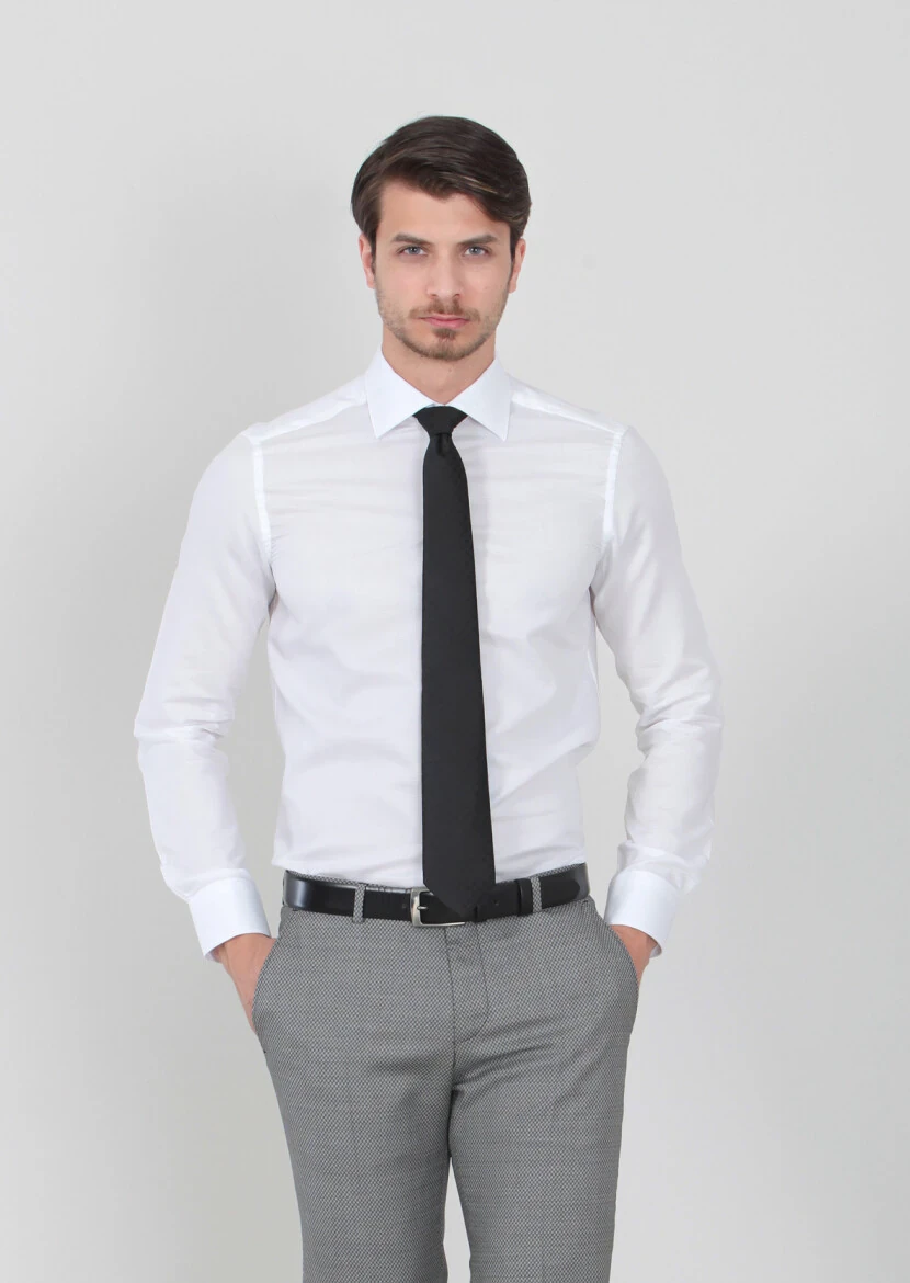 White Patterned Regular Fit Weaving Classical 100% Cotton Shirt 