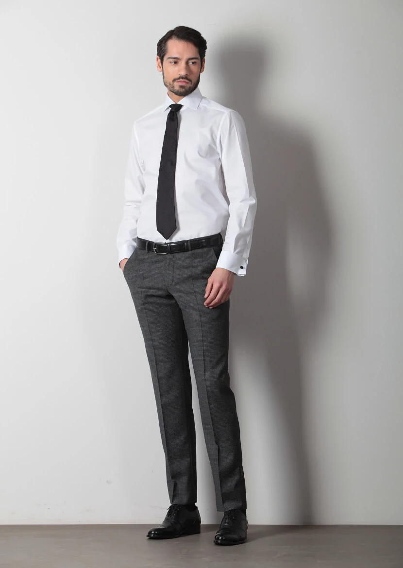 White Patterned Regular Fit Weaving Classical 100% Cotton Shirt - 1