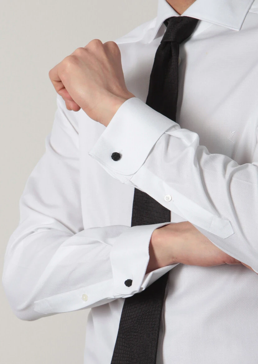 White Patterned Regular Fit Weaving Classical 100% Cotton Shirt - 5